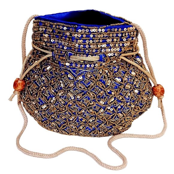 Potli Bag Clutch, Drawstring Purse Intricate Gold Thread & Sequin :D - Picture 1 of 5